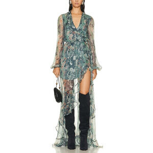 Caroline Constas Ruffled Slate Ombre Floral Vivian Gown Size L
